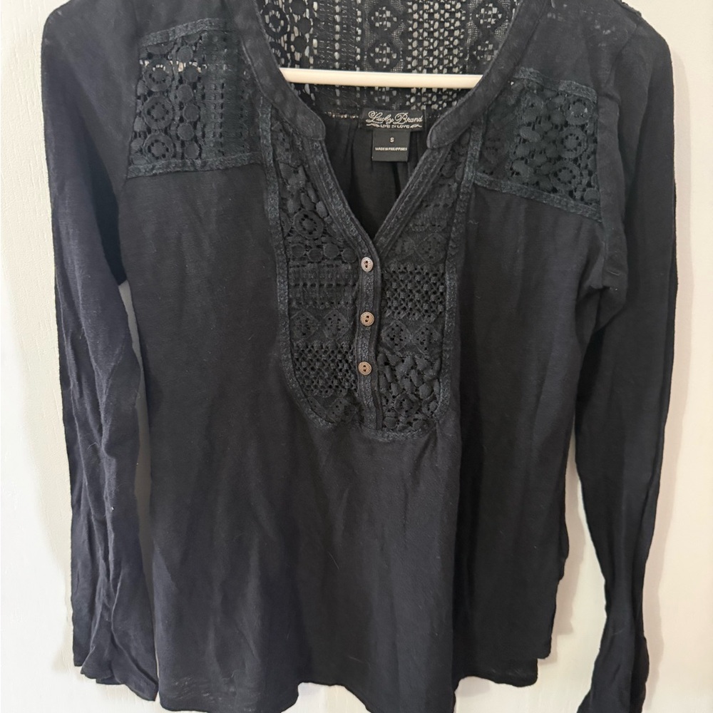 3 Lucky Brand Black Long-Sleeve Crochet Henley Tops indigo, grey, blue